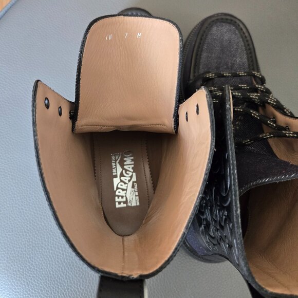 Salvatore Ferragamo Gancini-Embossed Calf Leather and Denim Lace-Up Combat Boots - Picture 7 of 10